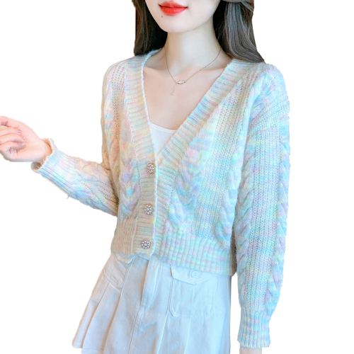 Shipped 2024 Autumn V-neck Single Button Long Sleeve Rainbow Knit Sweater for Women's Outerwear