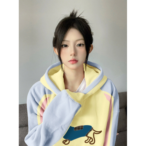 Non-pilling imitation cotton Chinese cotton composite milk silk 310g silver fox velvet 400g printed contrasting color hooded sweatshirt for women