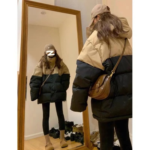 Korean small person contrasting color bread coat cotton coat women's winter lazy style loose design hooded down jacket