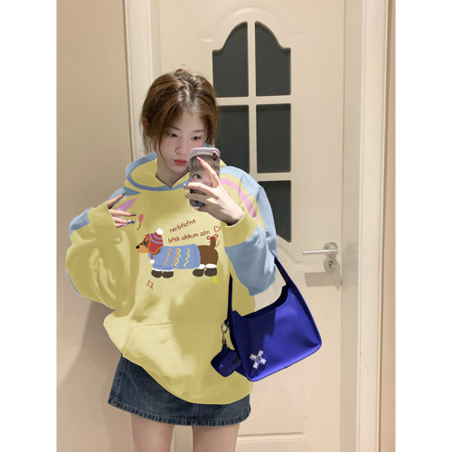 Non-pilling imitation cotton Chinese cotton composite milk silk 310g silver fox velvet 400g printed contrasting color hooded sweatshirt for women