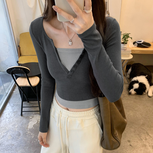 Actual photo design niche long-sleeved T-shirt for women autumn 2024 new fake two-piece contrasting color slim fit top