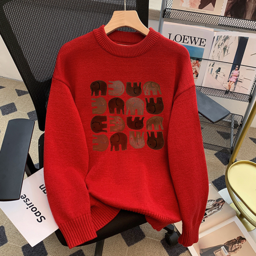 Real shot of 2024 autumn and winter new loose round neck long sleeve knitted printed sweater