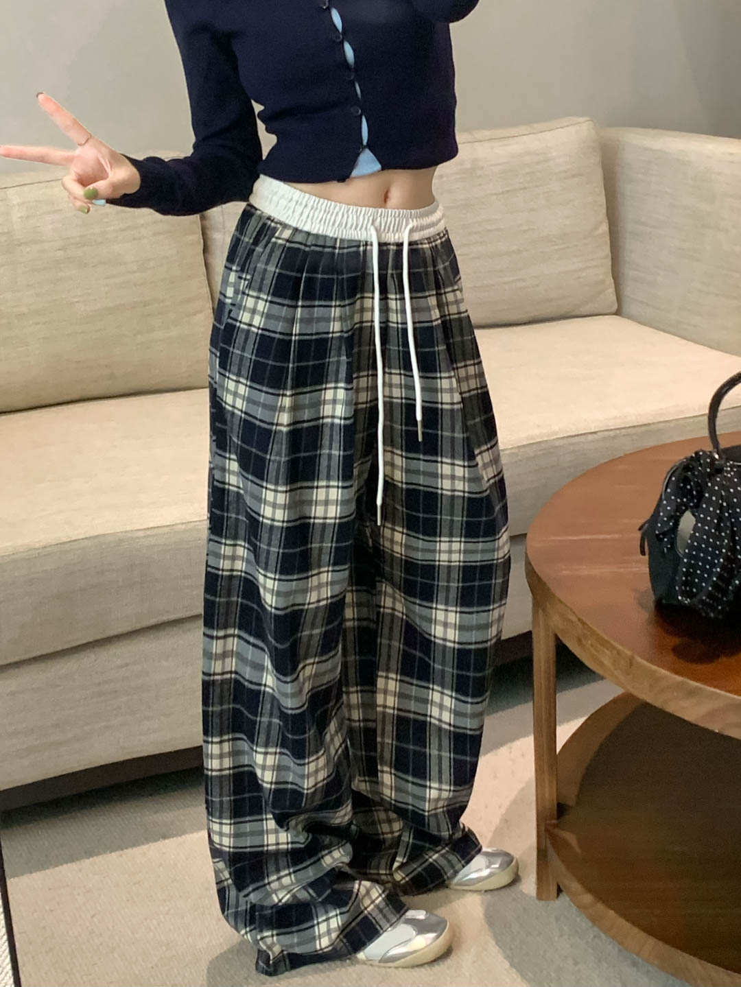 Photographed New Design Color-blocked Stretch Waist Checkered Napped High-waisted Slimming Casual Wide-leg Pants