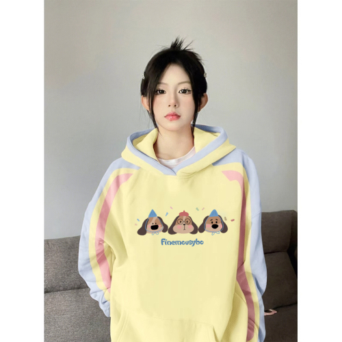 Non-pilling imitation cotton Chinese cotton composite milk silk 310g silver fox velvet 400g printed contrasting color hooded sweatshirt for women