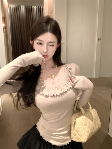 Actual shot of lace airy fake two-piece top, waist slimming long-sleeved T-shirt bottoming shirt