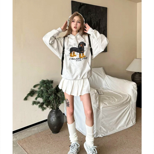 Heavy cotton/silver fox velvet double hat yellow shoe dog print sweatshirt