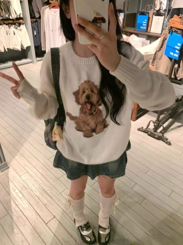 Fun and cute puppy jacquard pullover sweater for women, new autumn and winter Korean style soft waxy sweater top