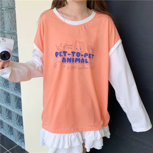 Real shot of 6535 cotton long-sleeved T-shirt female student class uniform bestie outfit 2024 spring new style contrasting color