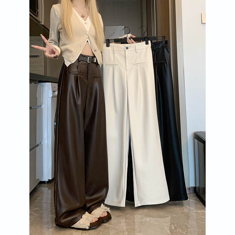 Real shot!  2024 autumn and winter new style elastic waist fashionable design slimming high waist leather PU trousers for women