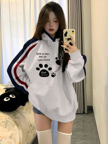 Non-pilling imitation cotton Chinese cotton composite milk silk 310g silver fox velvet 400g printed contrasting color hooded sweatshirt for women