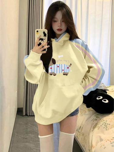 Non-pilling imitation cotton Chinese cotton composite milk silk 310g silver fox velvet 400g printed contrasting color hooded sweatshirt for women