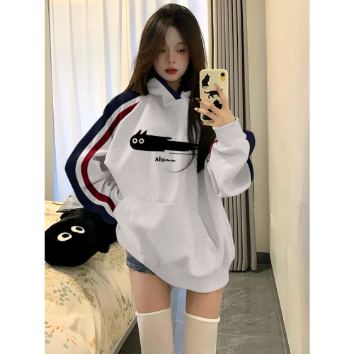 Non-pilling imitation cotton Chinese cotton composite milk silk 310g silver fox velvet 400g printed contrasting color hooded sweatshirt for women