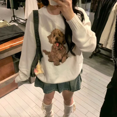 Fun and cute puppy jacquard pullover sweater for women, new autumn and winter Korean style soft waxy sweater top