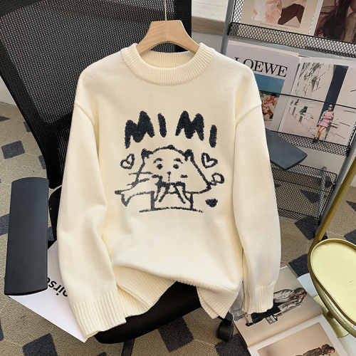 Real shot of 2024 autumn and winter new loose round neck long sleeve knitted printed sweater