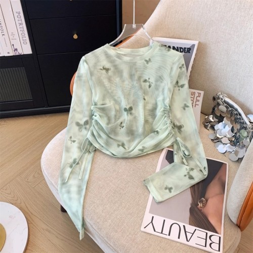 Real shot Guangzhou fabric butterfly print long-sleeved sun protection T-shirt women's summer thin suspender top blouse