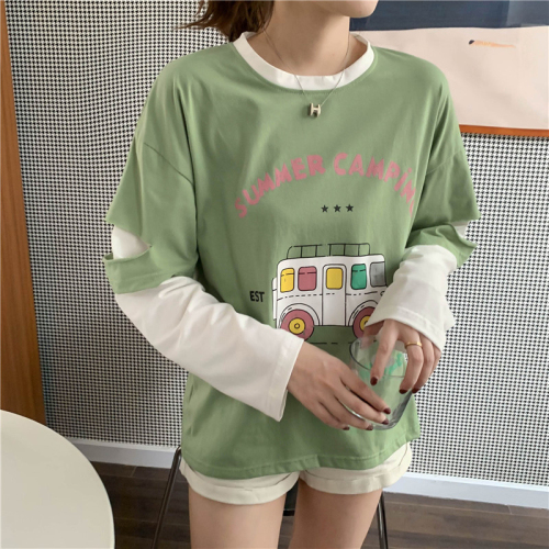 4160# Real shot 6535 2024 spring new style trendy fake two-piece color matching long-sleeved T-shirt for female students