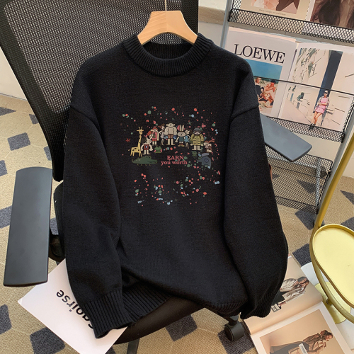 Real shot of 2024 autumn and winter new loose round neck long sleeve knitted printed sweater