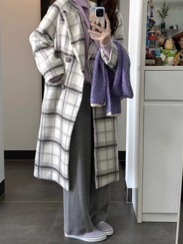 Korean drama heroine fufu coat winter high-end gray and pink plaid coat small mid-length coat women autumn and winter