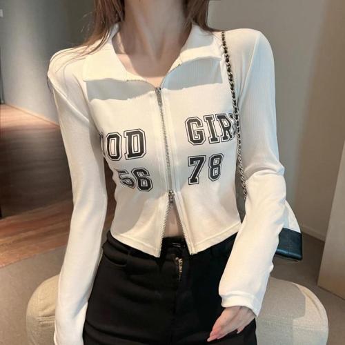 Ribbed slim fit letter printed zipper cropped top for women 2024 spring and autumn