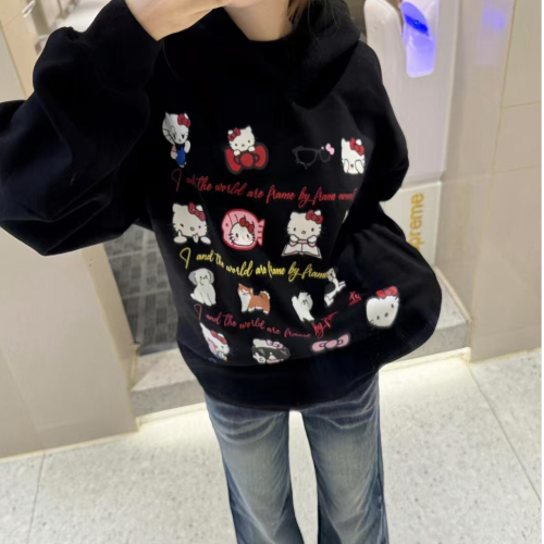 Heavy Chinese cotton/silver fox velvet double layer hat Hello Kitty printed sweatshirt for women