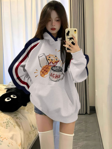 Non-pilling imitation cotton Chinese cotton composite milk silk 310g silver fox velvet 400g printed contrasting color hooded sweatshirt for women