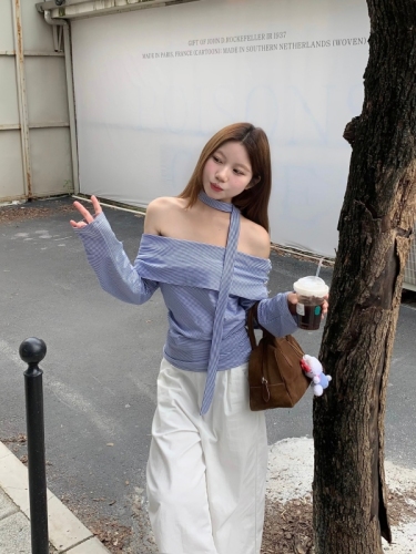 Real shot blue striped design niche long-sleeved T-shirt women's autumn high-end one-shoulder top