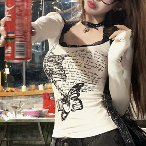 Official picture of 260cm white lace printed T-shirt women's long-sleeved bottoming u-neck top