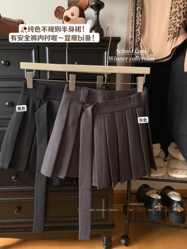 Actual shot of Korean college style pleated skirt with ribbons, new design, high waist and slimming A-line skirt