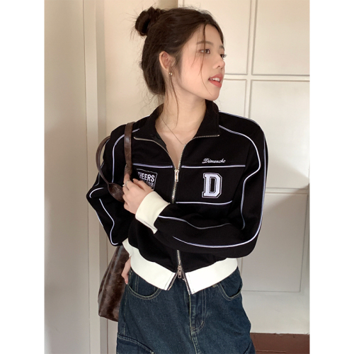 Real shot design double zipper retro color matching motorcycle stand collar all-match casual short jacket for women autumn new style