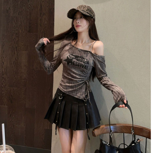 Original fabric hottie suspender short top slim fit off-shoulder bottoming shirt for women with long sleeves