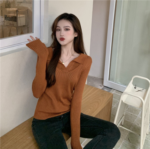 Actual shot of new autumn solid color lapel slim fit and versatile sweater top