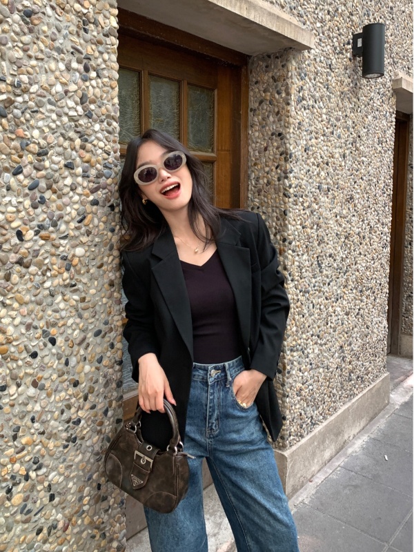 pusumede high-end black suit jacket for women spring and autumn new Korean style loose casual commuting suit