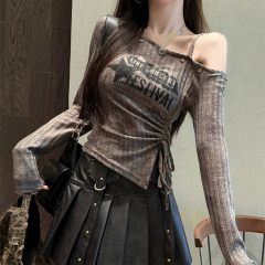 Hot girl suspender short top slim fit off-shoulder bottoming shirt for women with long sleeves