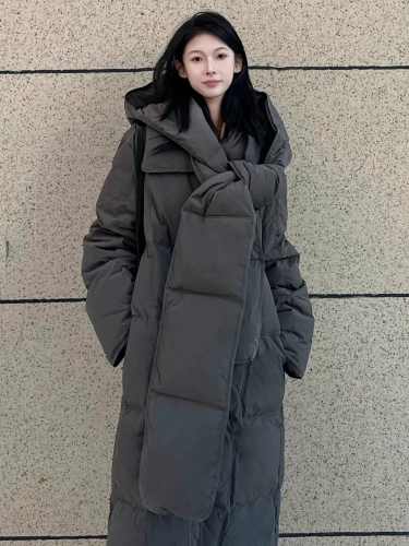 Winter warm hanging removable hood large quilt scarf long cotton coat down jacket for women