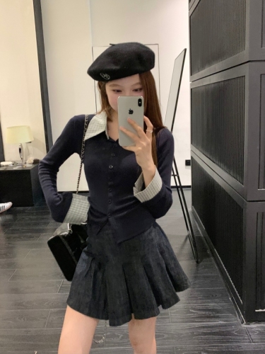 Real shot of American right shoulder plaid POLO collar fake two-piece long-sleeved T-shirt for women in early autumn slim inner layering shirt for women