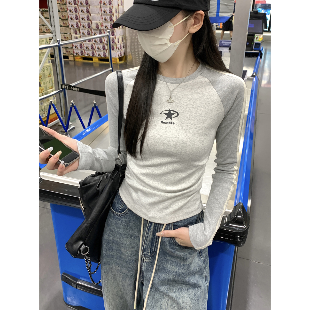 Actual shot of autumn and winter Korean style raglan contrasting colors slimming strips American printed cotton long-sleeved bottoming T-shirt top