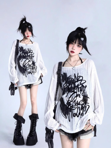 Official Photo White Bottoming Shirt Women's Summer Blouse Graffiti Print Long Sleeve T-Shirt Loose T-Shirt Trendy