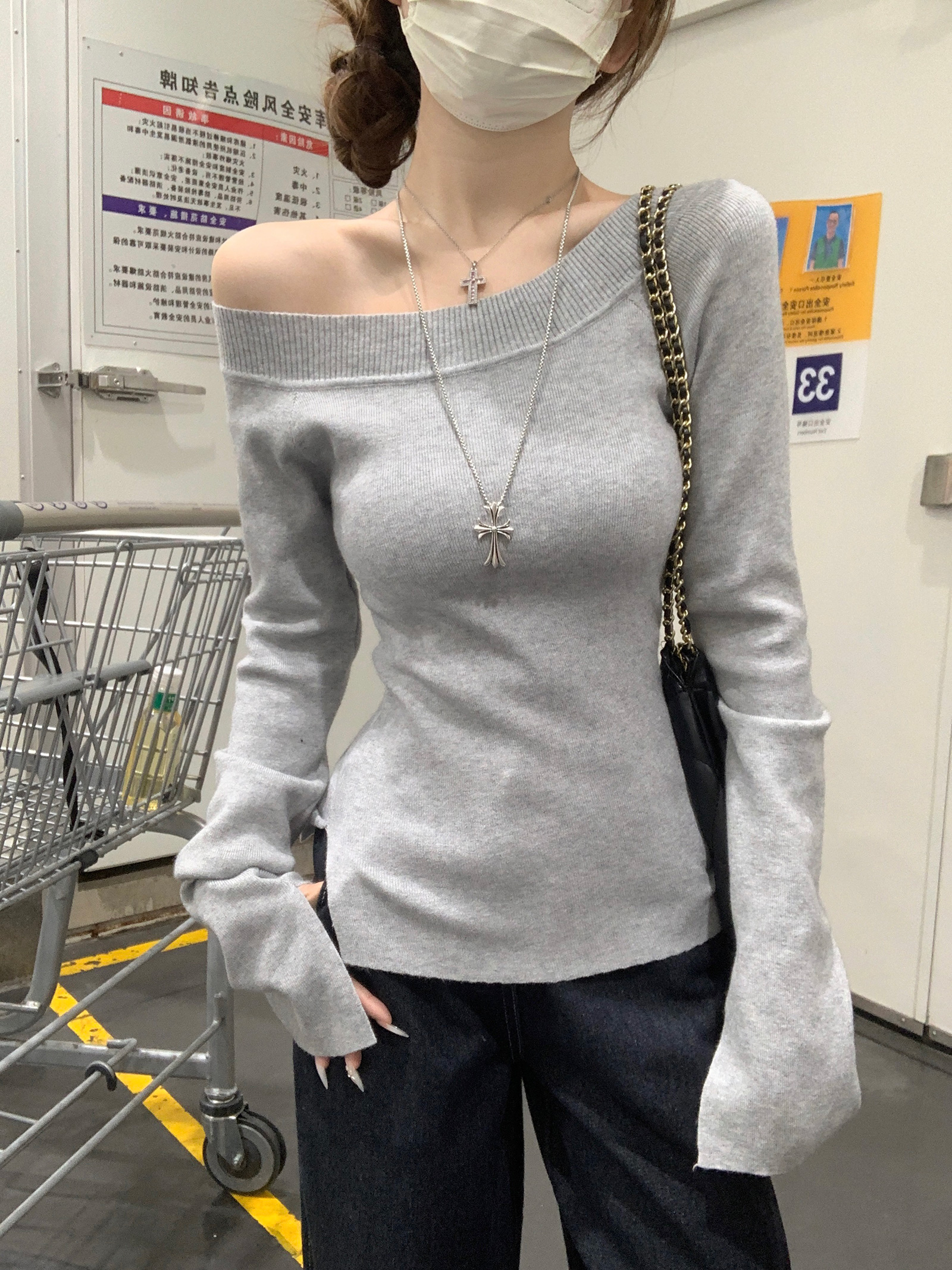 實拍包芯紗長袖上衣針織衫女款打底衫女秋冬2024短款圓領保暖毛衣