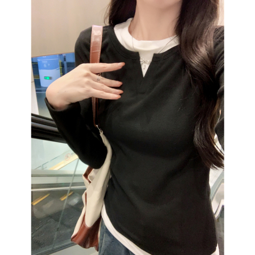 Actual shot of 2024 autumn and winter holiday two-piece western style contrasting color long-sleeved T-shirts for women