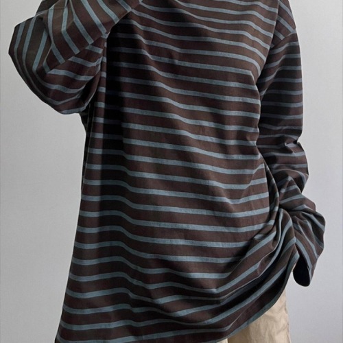 Pure cotton striped long-sleeved T-shirt for women in early autumn, loose, lazy, chic, Hong Kong style inner top, trendy