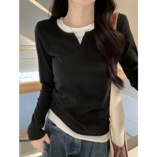 Actual shot of 2024 autumn and winter holiday two-piece western style contrasting color long-sleeved T-shirts for women