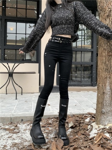 Real shot!  High-waisted slimming versatile casual trousers for women slim-fitting bottoming elastic pencil pants with belt