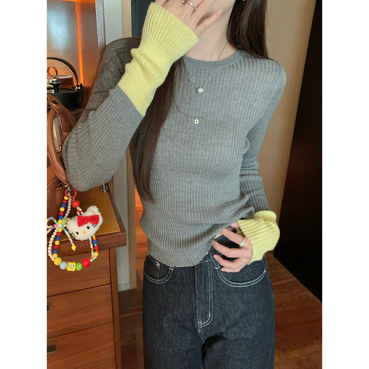 Actual shot of autumn and winter Korean style slim-fitting and elegant cuffs with contrasting color splicing 6 wool knitted bottoming shirt long-sleeved top