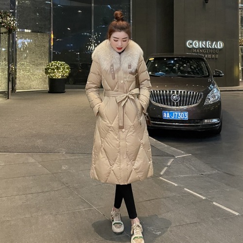 White duck down high-end slim down jacket for women over the knee mid-length 2024 new style large fur collar temperament jacket