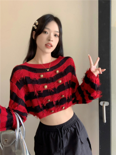 Real shot price Striped fringed sweater for women with slim style and one-line collar short sweater top