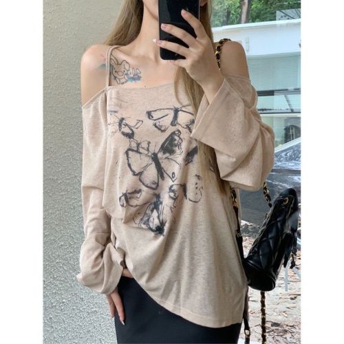 Official picture of Sweet Girl Halter Neck Long Sleeve T-shirt Women's Autumn Butterfly Printed Shirt Chic Off-the-Shoulder Top