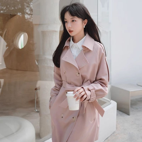 Pink chic windbreaker jacket for women, mid-length, autumn and winter 2024 new Korean version, loose, high-end, small coat