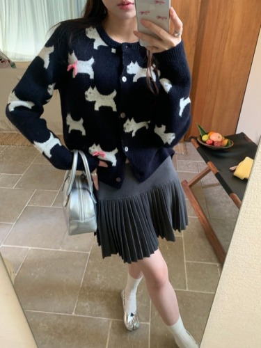 2024 Autumn New Butterfly Knot Puppy Embroidered Round Neck Knitted Sweater for Women Sweet Cardigan Outerwear