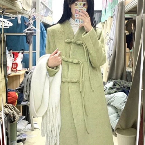 Women's woolen coat winter new Chinese style retro national style mid-length buckle woolen coat small person loose and thickened