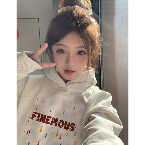 CVC cotton pasta wool Chinese cotton composite/milk silk 300g silver fox velvet 400g front printed hooded sweatshirt for women